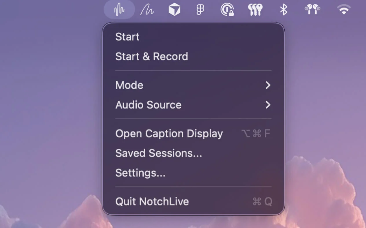 NotchLive Caption Display window with large captions for screen sharing