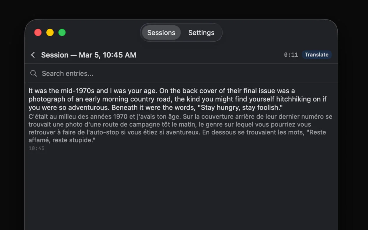 Session detail view with transcript entries, timestamps, and YOU tags for mic entries