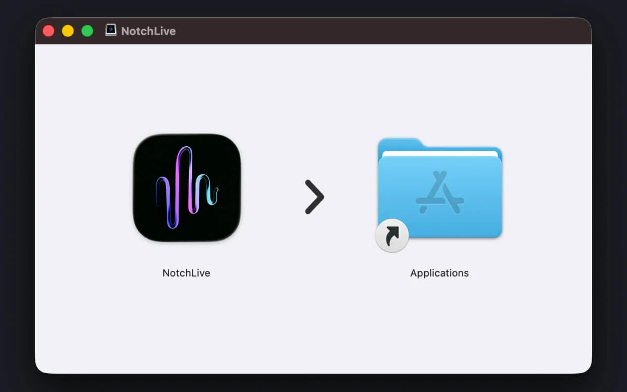 DMG installer window — drag NotchLive to Applications