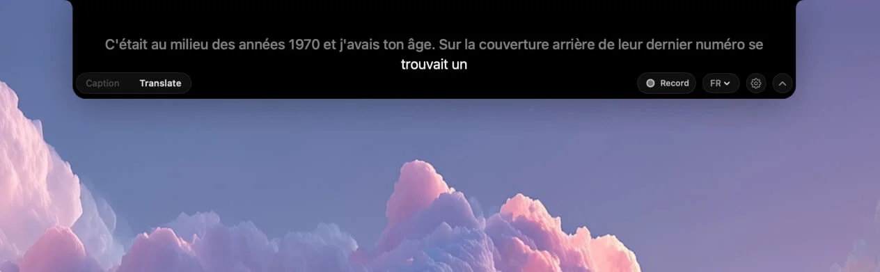 NotchLive translate mode showing real-time translation controls