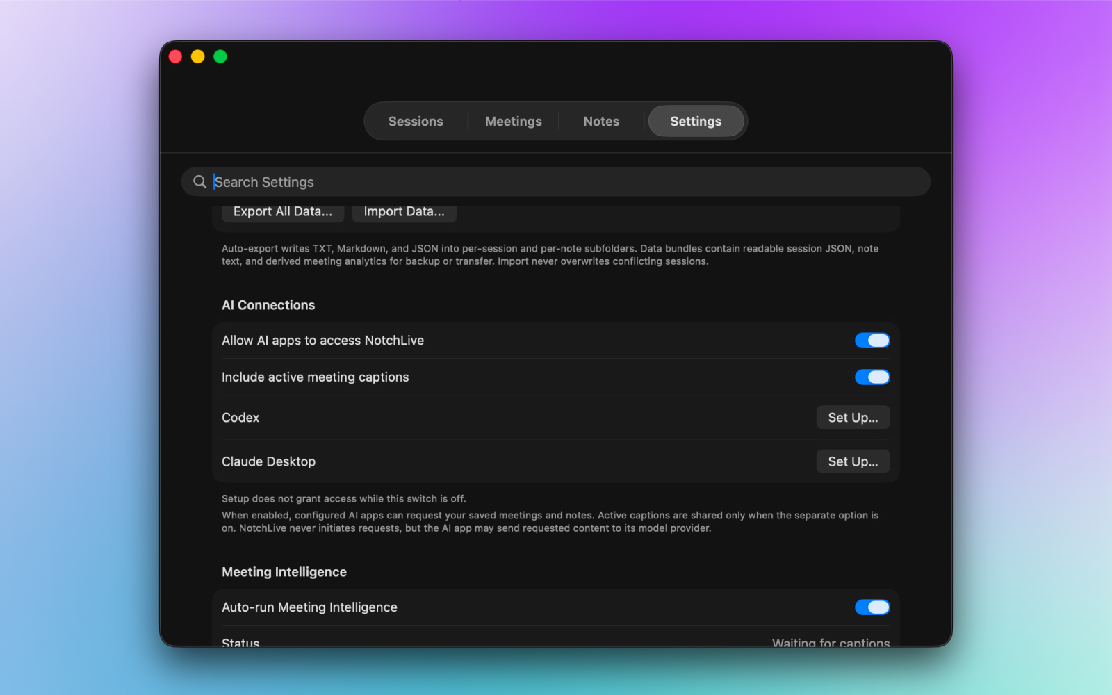 NotchLive Settings showing AI Connections access controls and Set Up buttons for Codex and Claude Desktop