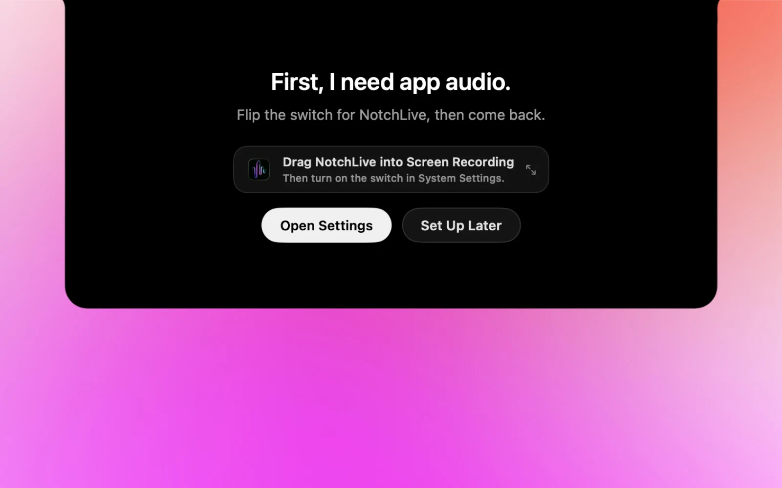 NotchLive onboarding screen asking for app audio permission with Screen Recording drag help