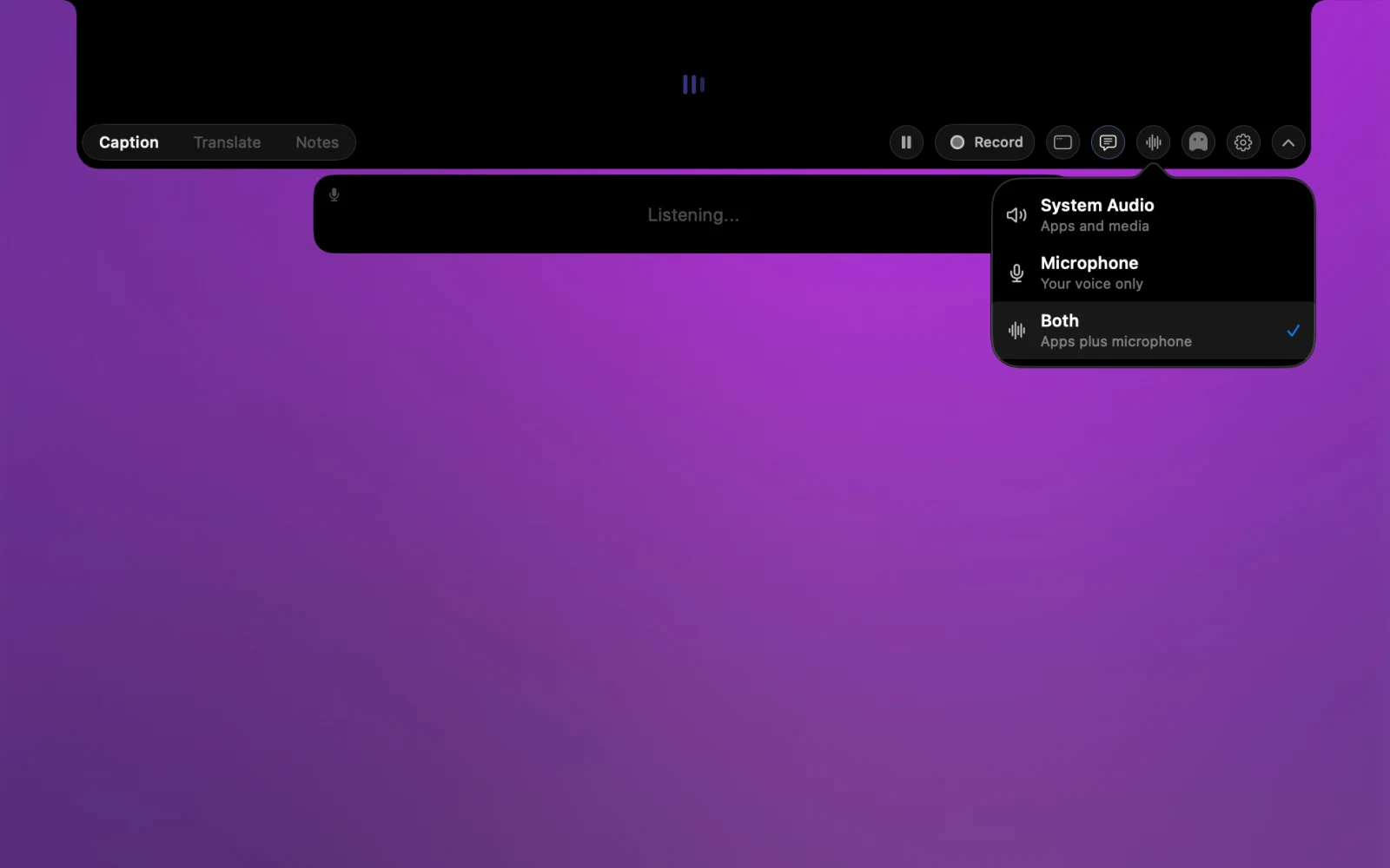 NotchLive audio source menu showing System Audio, Microphone, and Both options