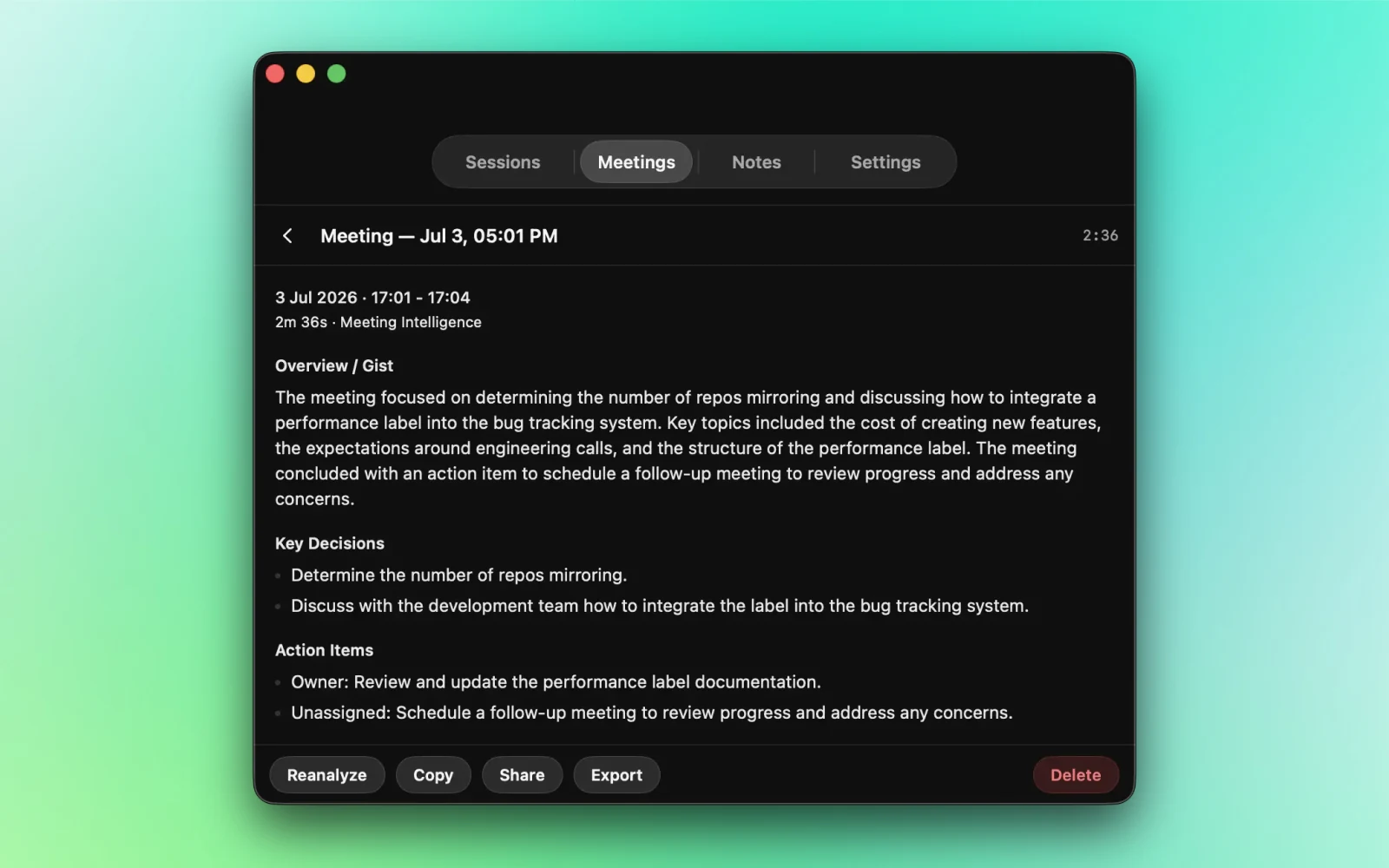 NotchLive saved Meeting Intelligence summary with decisions and action items