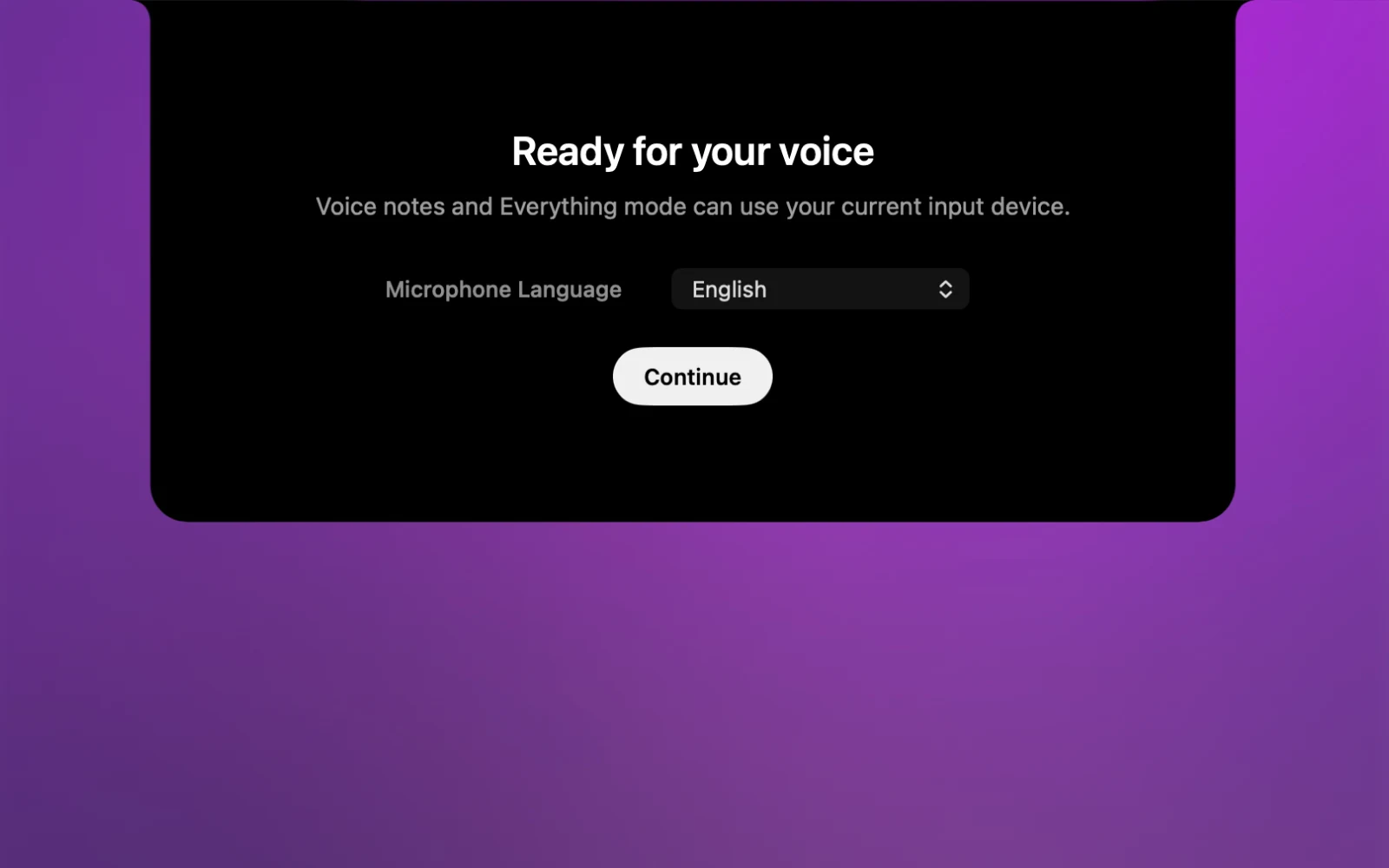 NotchLive onboarding screen showing microphone language selection
