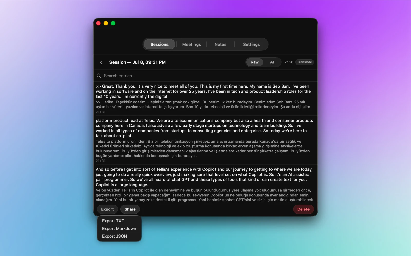 NotchLive saved session transcript with export menu showing TXT, Markdown, and JSON