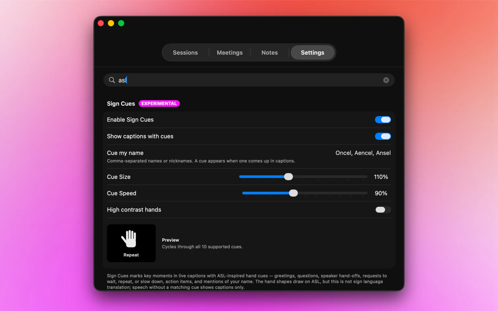 NotchLive searchable Settings showing experimental Sign Cues controls