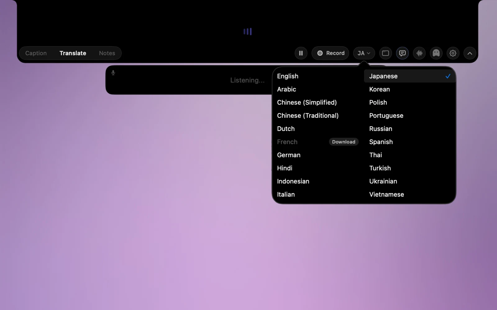 NotchLive Translate mode with the target language picker open