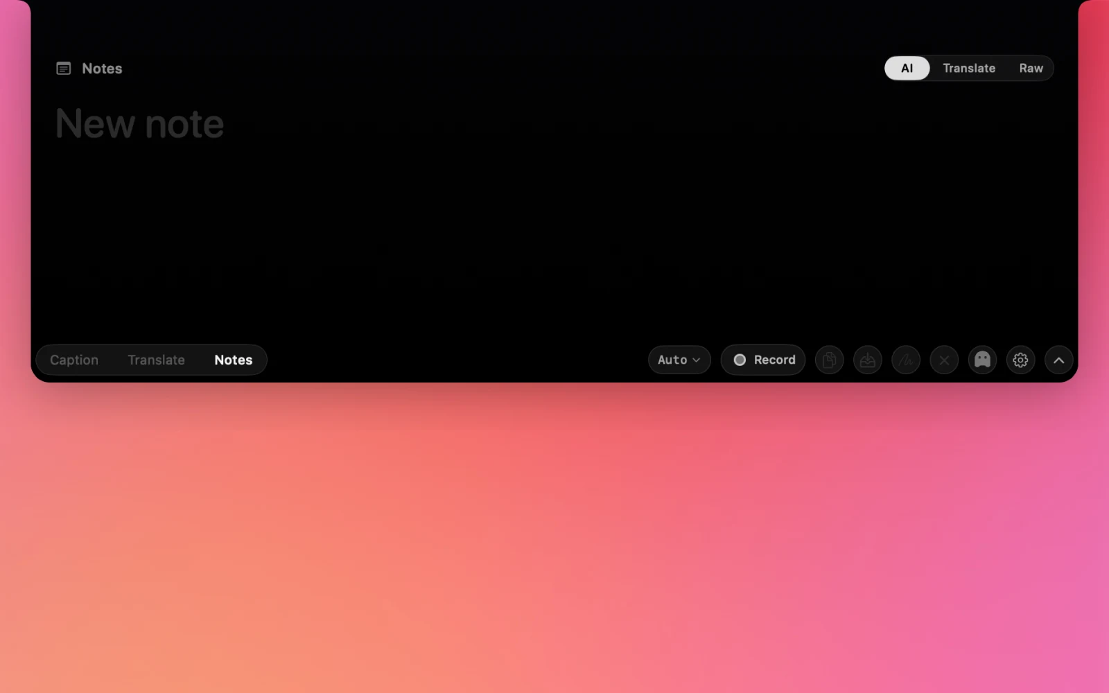 NotchLive Notes mode with AI, Translate, and Raw view controls