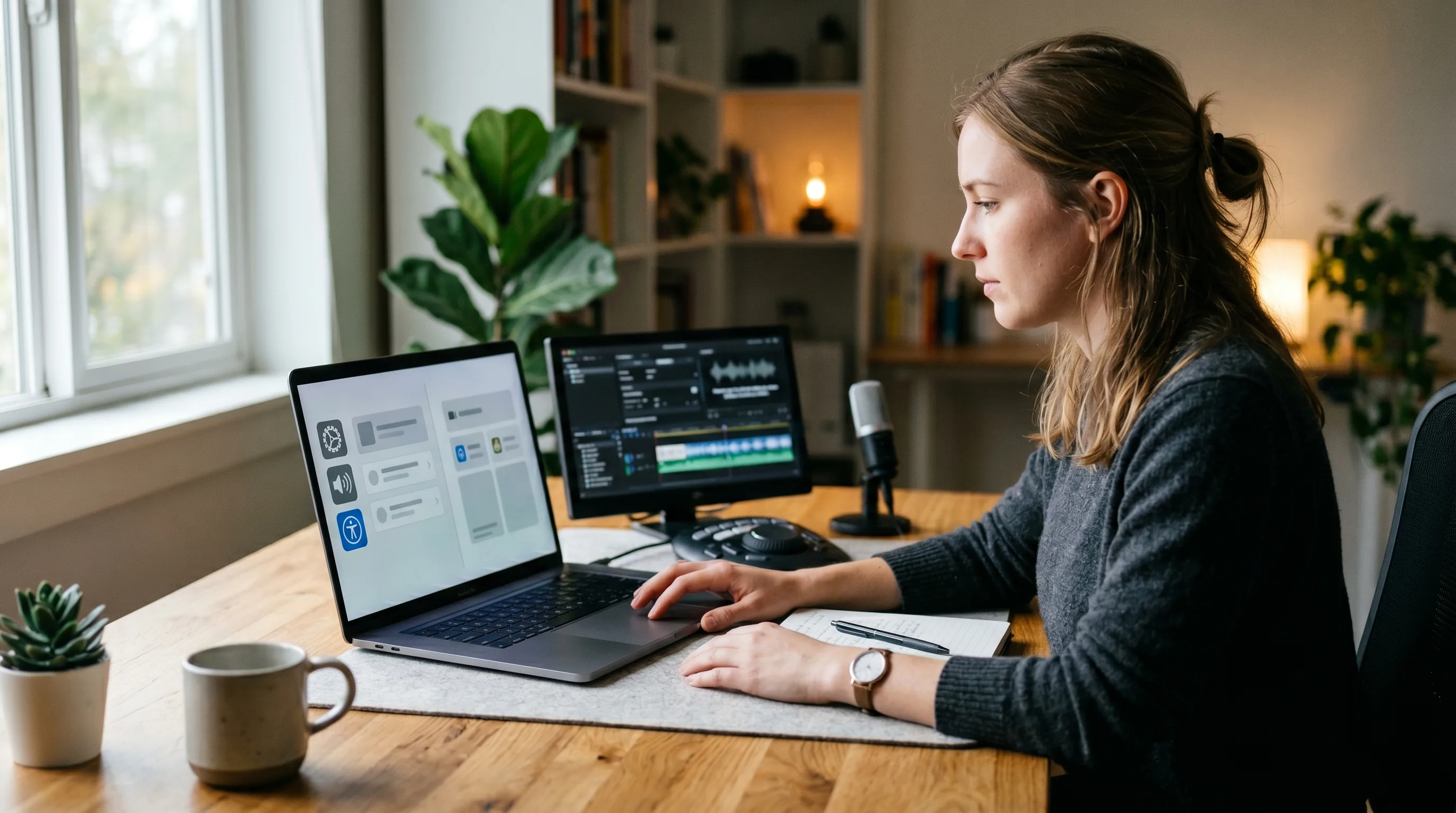 Professional using NotchLive-style live captions on a Mac during a focused work session