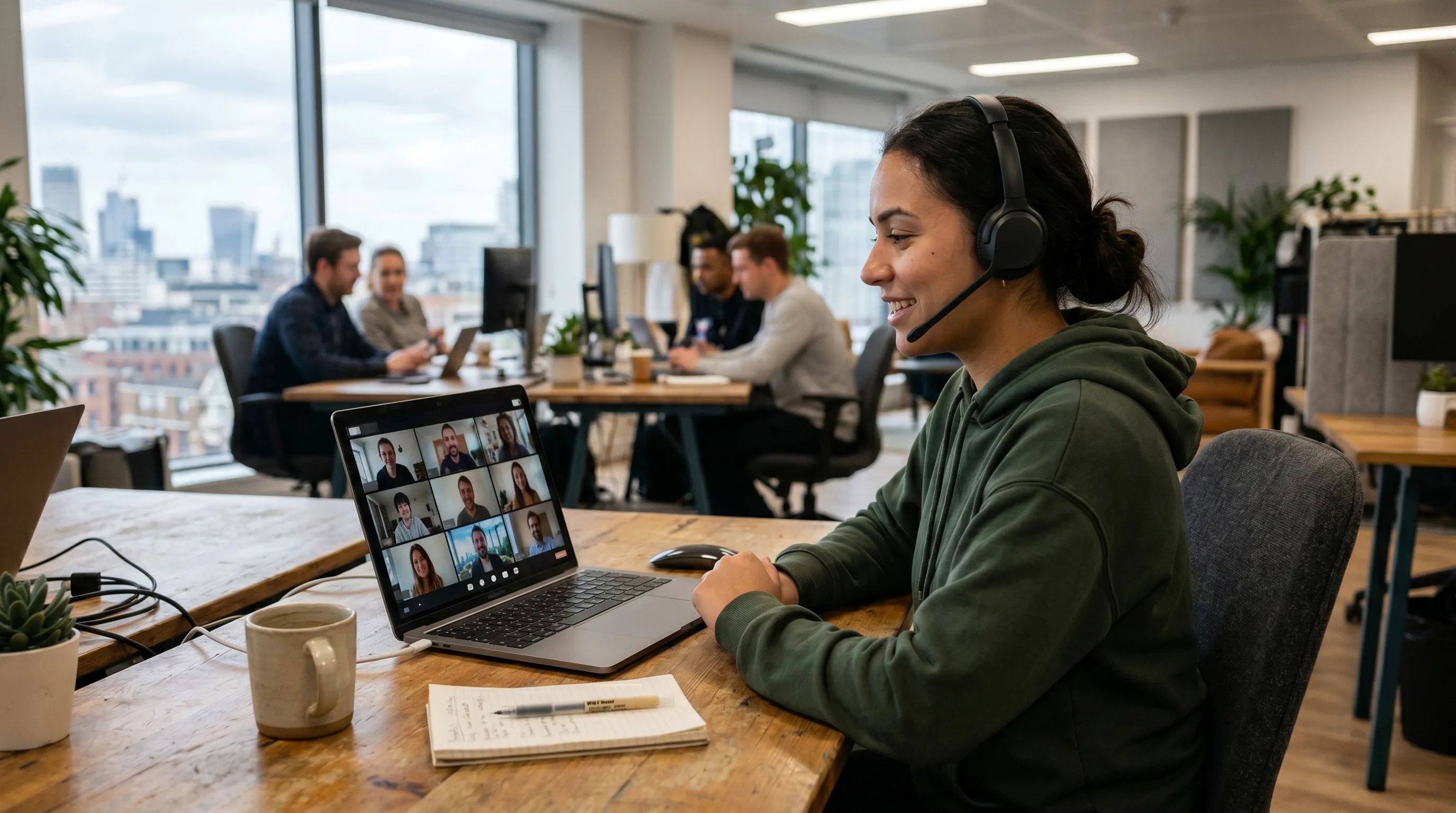 Remote worker using a Mac to follow a Zoom-style video call with live captions