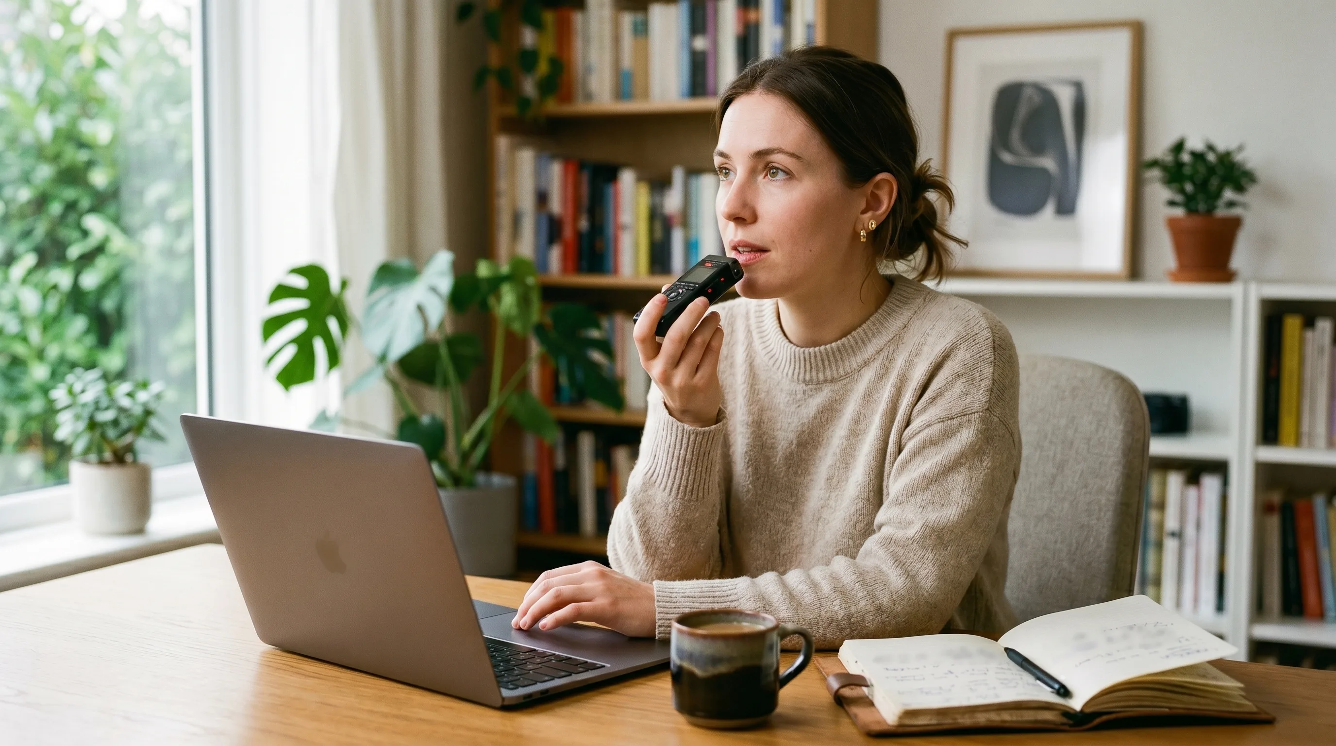 Person dictating speech into a recorder beside a Mac for private speech-to-text notes