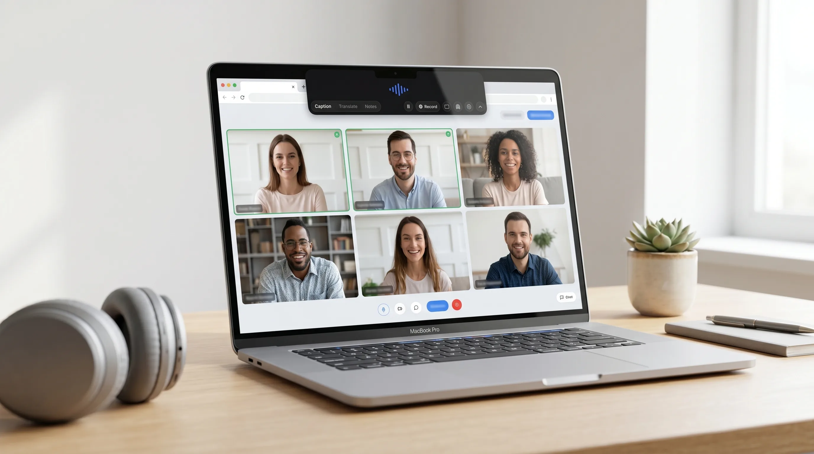 Mac user following a Google Meet-style call with live captions