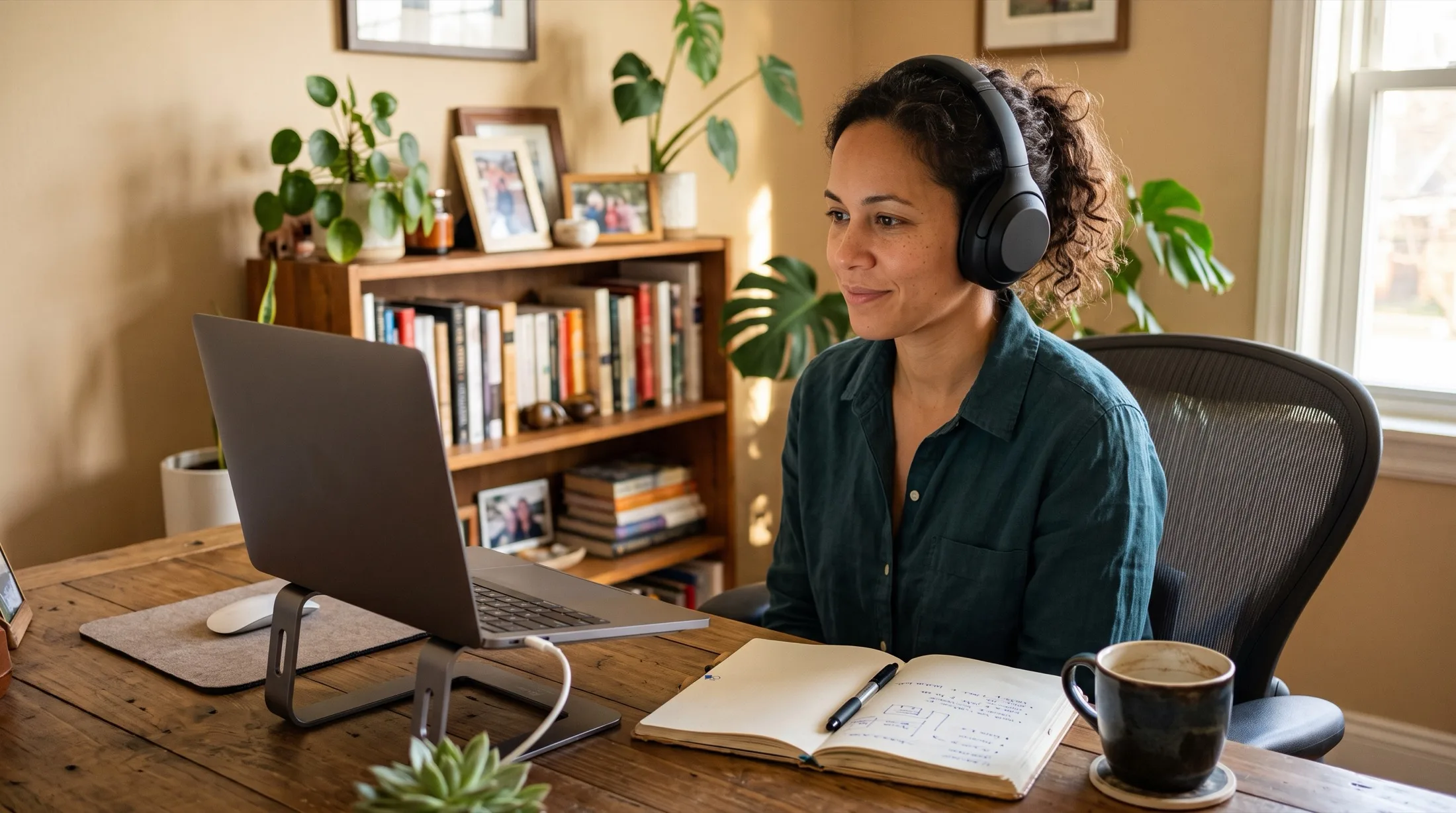 Person wearing headphones in a video meeting on a MacBook in a warm home office, glancing at the screen with a notebook and coffee nearby