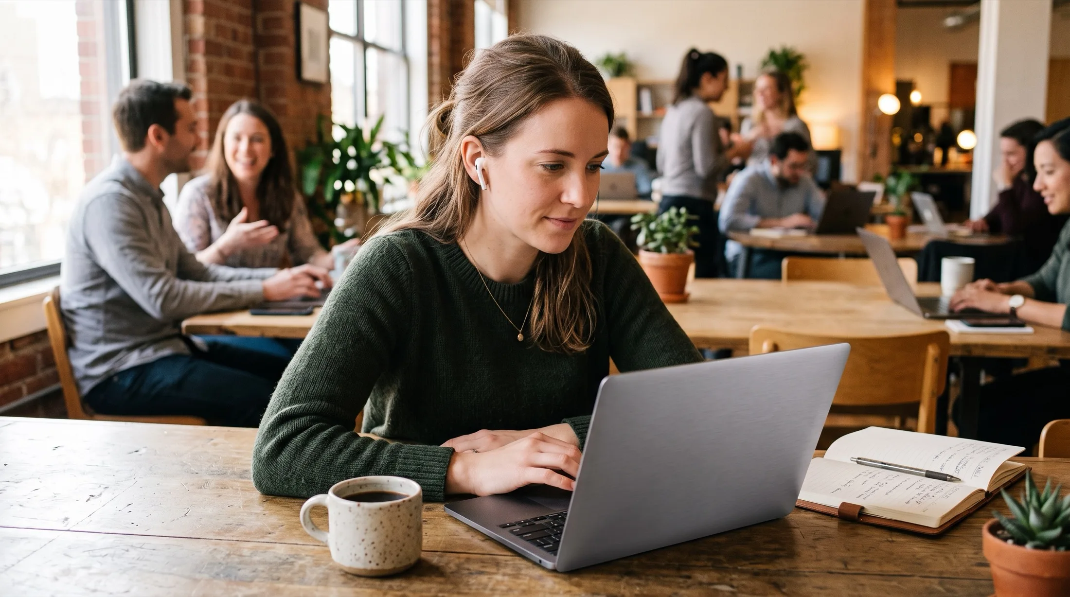Person wearing one earbud reading their MacBook screen at a shared workspace table while others talk in the background