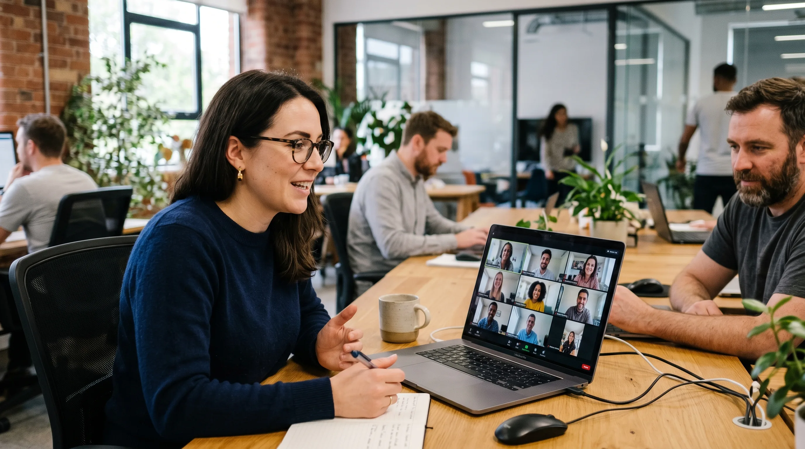 Global team using a Mac during a multilingual video meeting