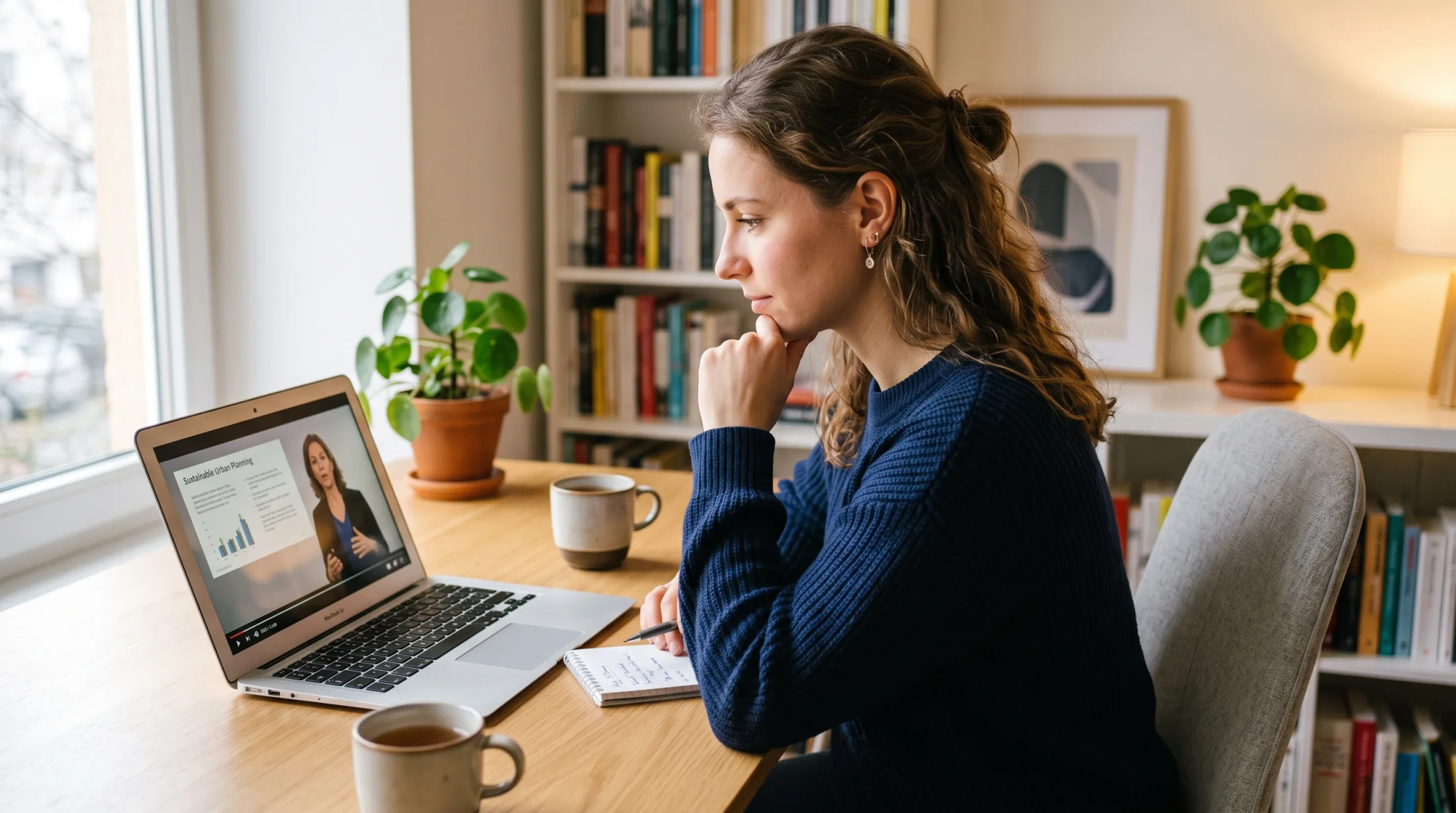 Person watching a lecture on a Mac with NotchLive live captions