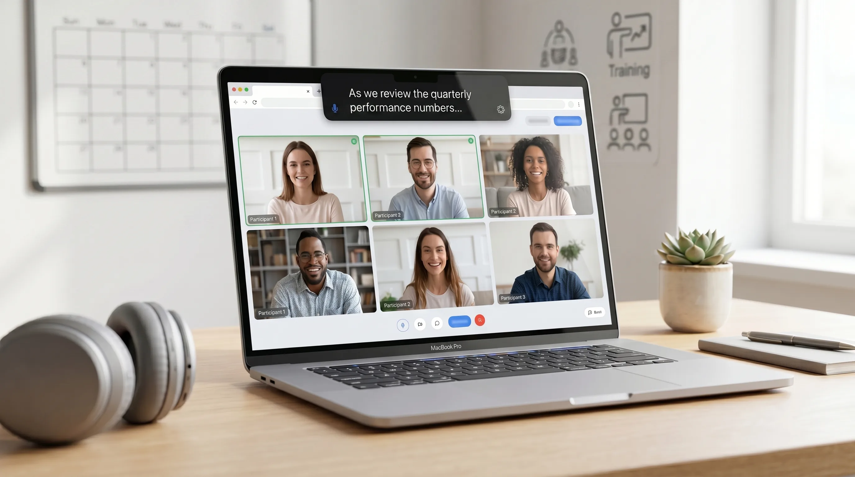 Mac user following a Microsoft Teams-style meeting with live captions