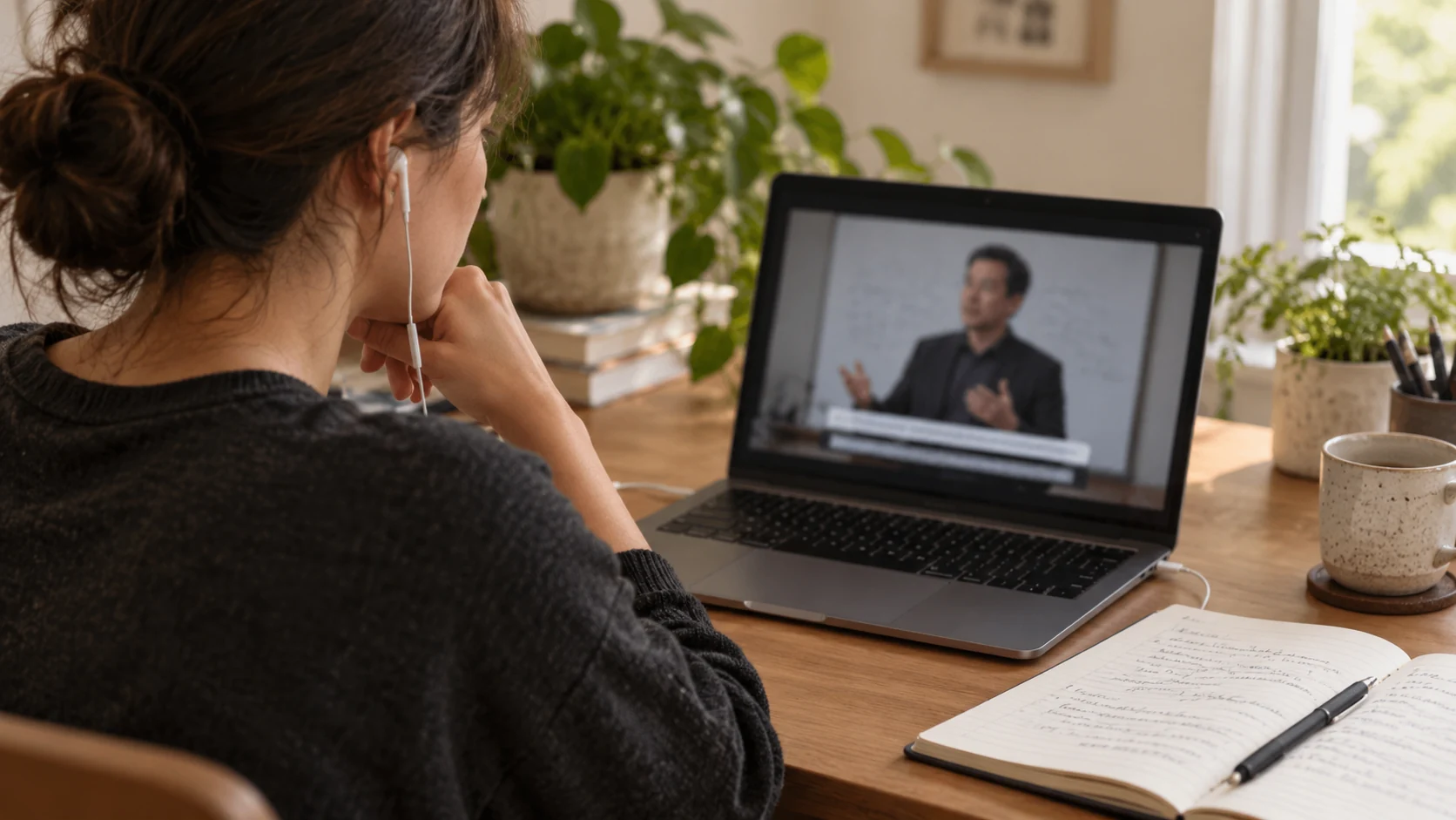 Illustrative photo of a listener using earbuds to follow a lecture on a Mac at an oak desk, with a notebook nearby