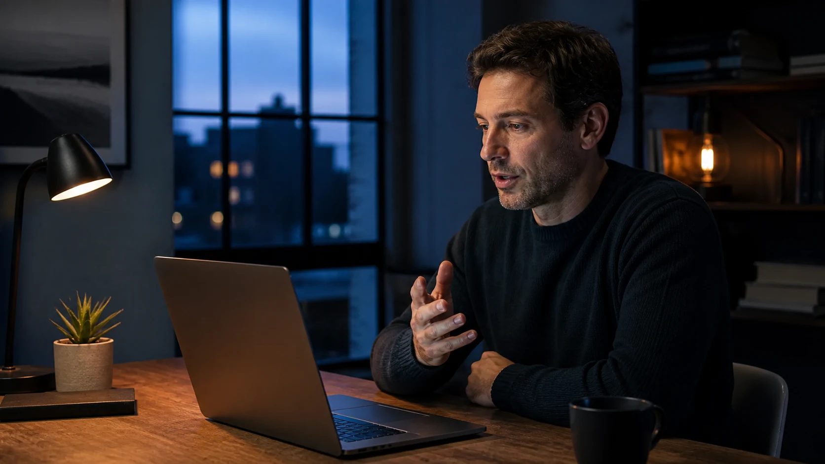 A person speaking toward a Mac in a quiet blue-hour home office, with hands away from the keyboard