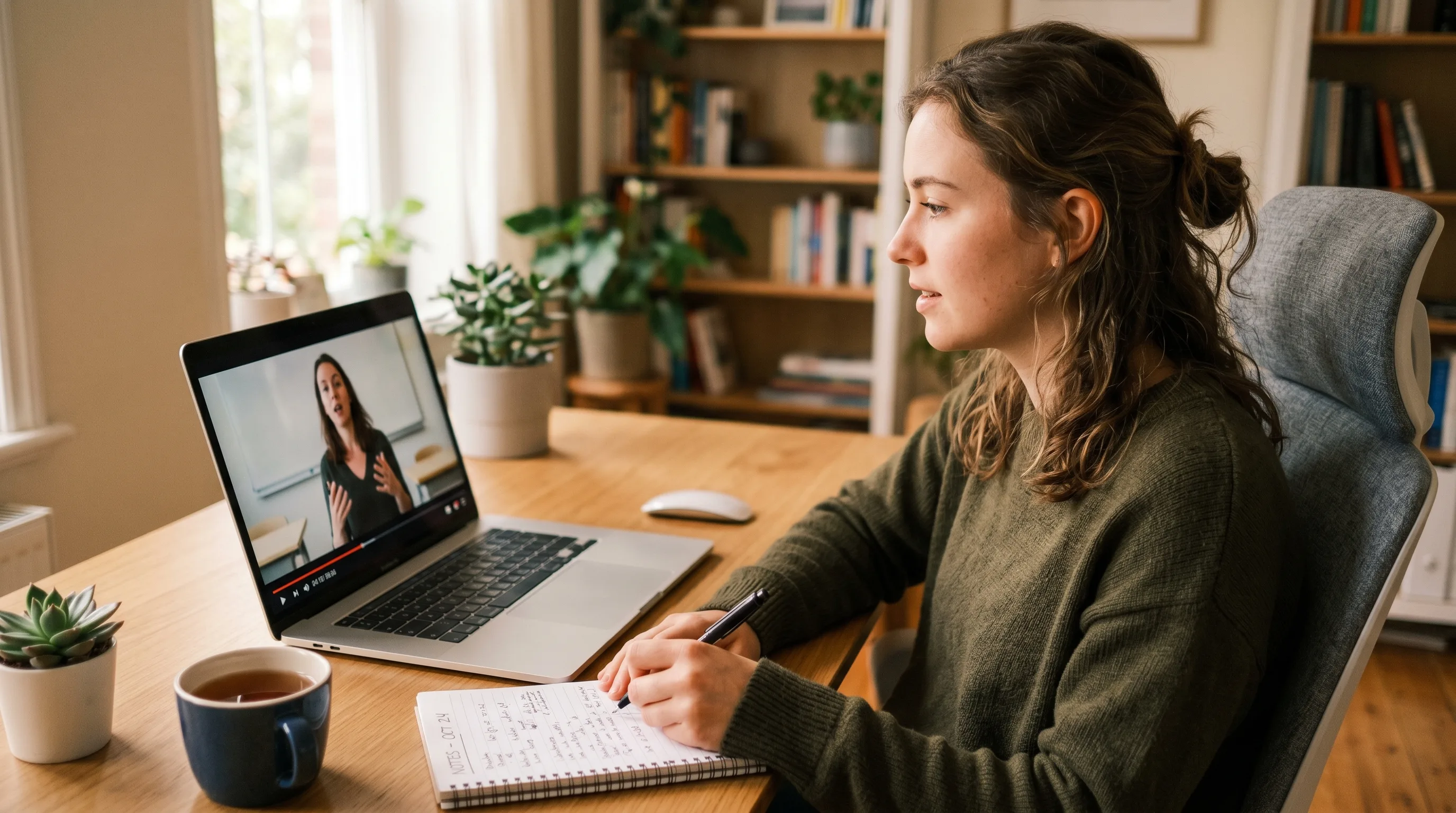 Mac user watching a training video and following real-time subtitles