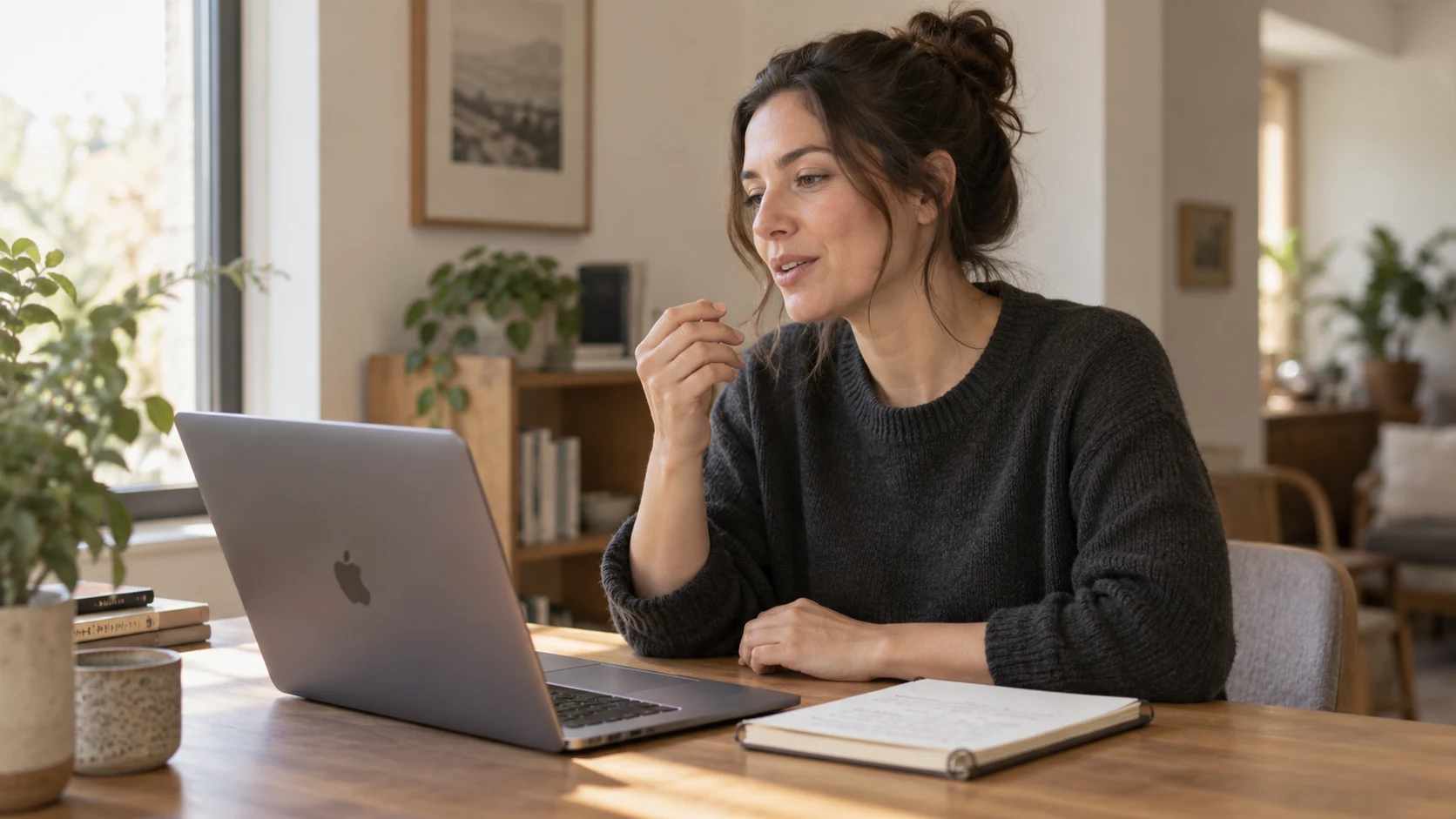 Illustrative photo of a person speaking a note beside a Mac laptop and an open notebook in a warmly lit home workspace