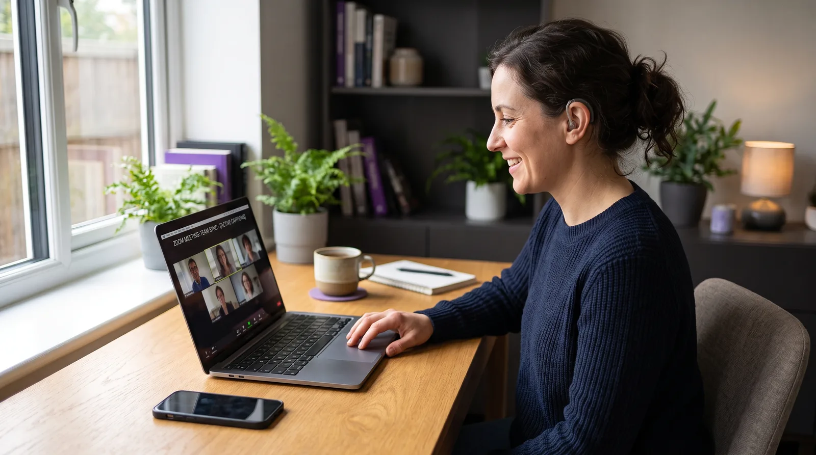 A person using live speech-to-text captions during a video call on a laptop.