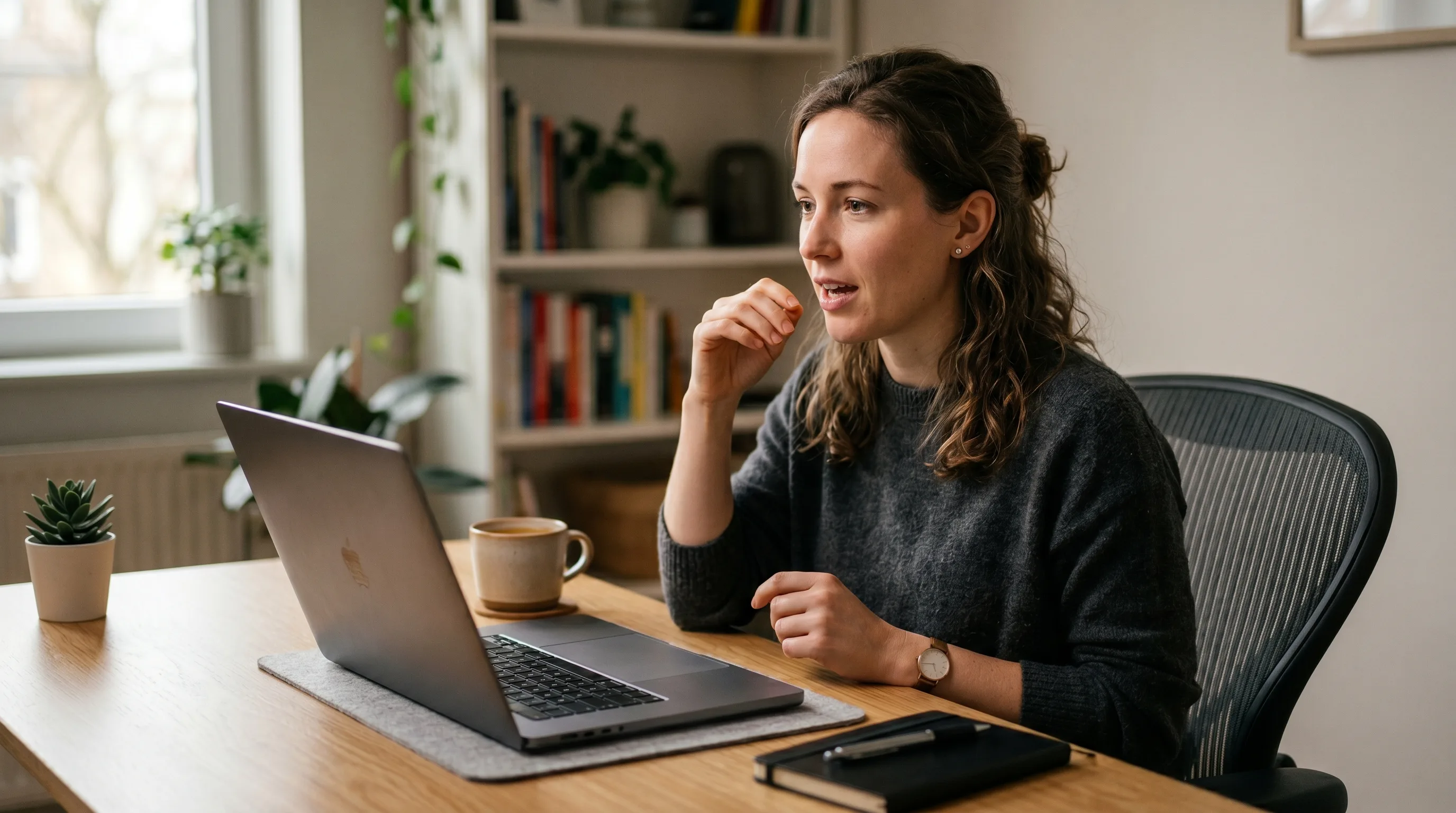 Person speaking naturally to a Mac to capture speech-to-text notes