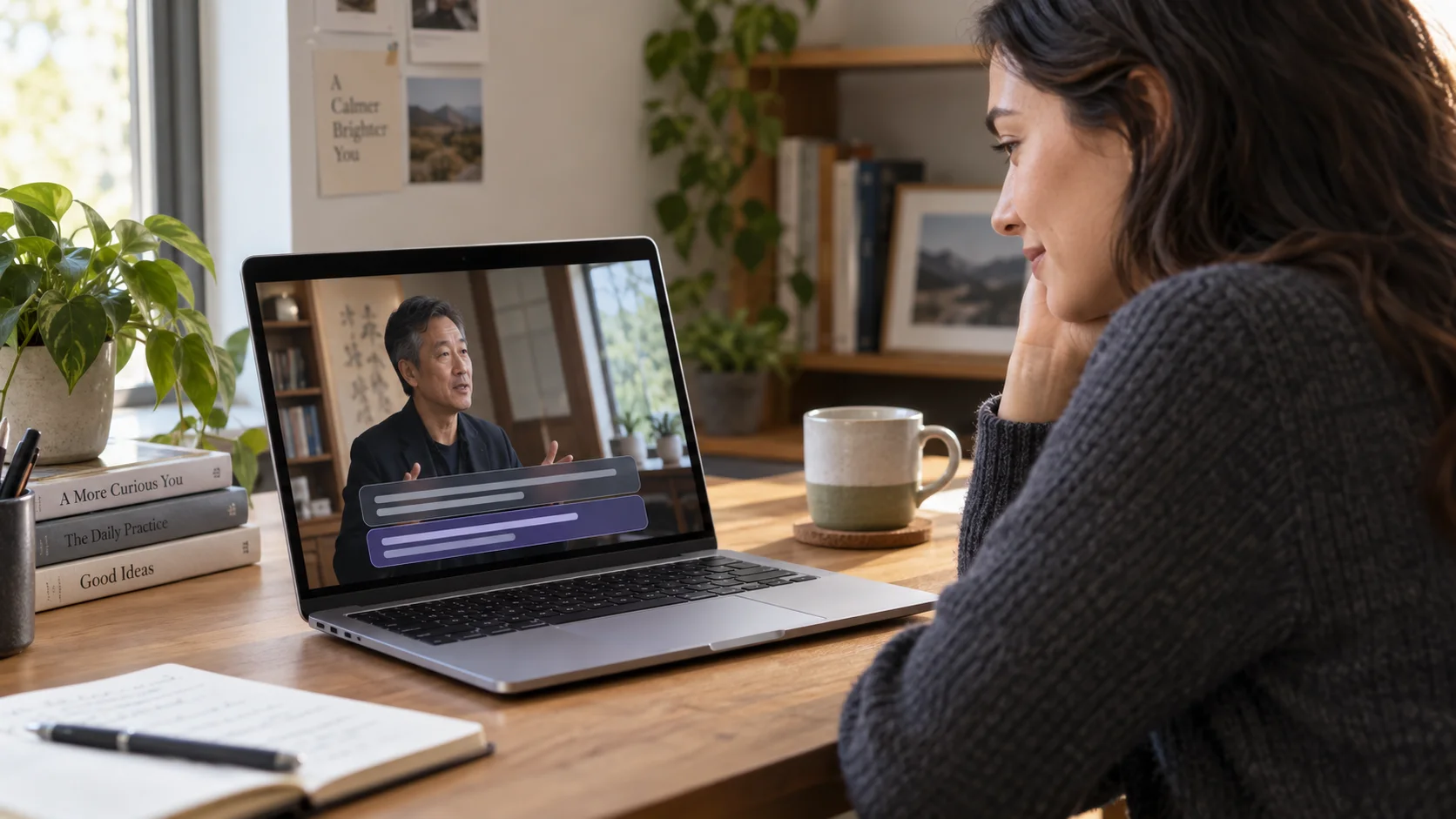 A person watching a foreign-language educational video on a Mac with two stacked caption overlays for the original speech and translation