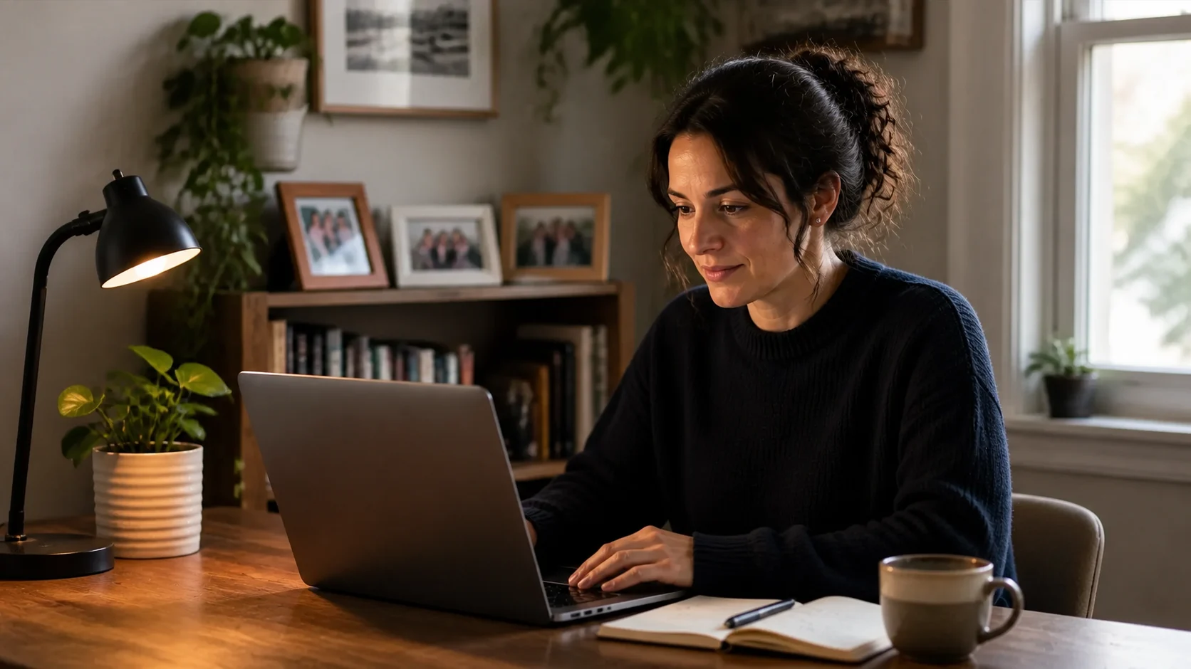 A person working on a MacBook at a wooden desk in a naturally lit home office, with a notebook and mug nearby