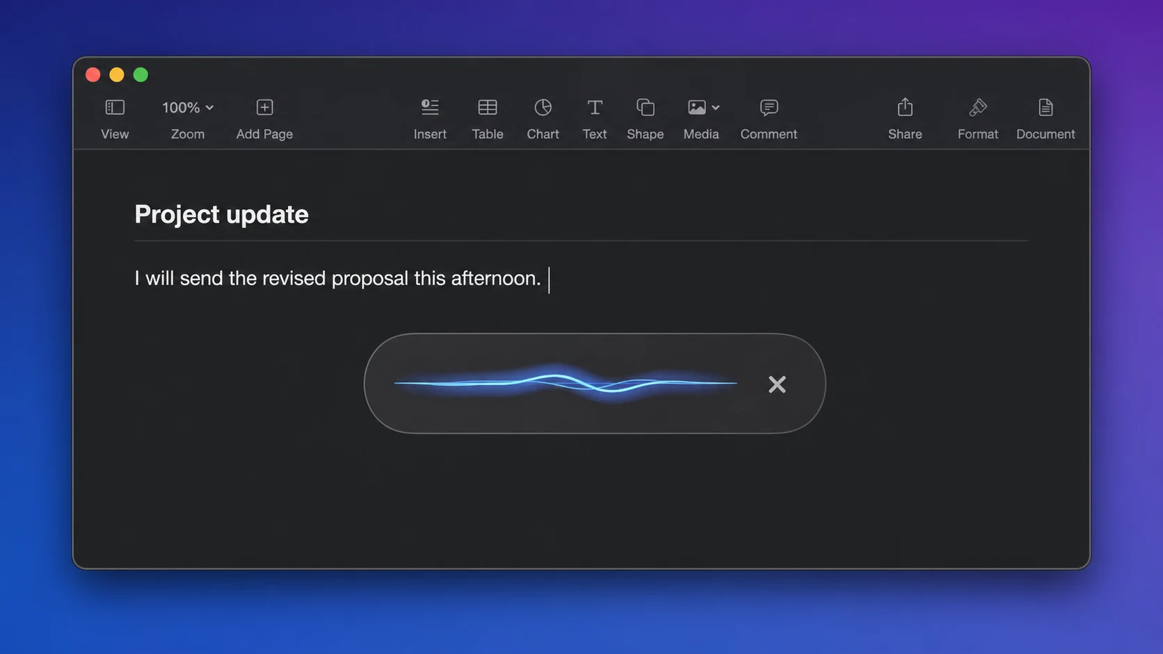 Mac 文档编辑器上方正在识别语音的 NotchLive 听写条