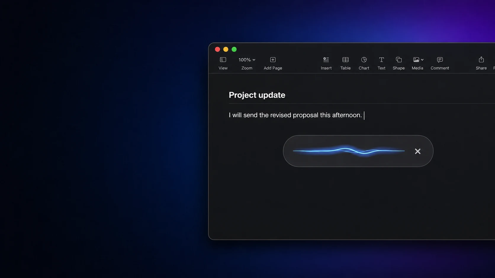 NotchLive Dictation listening with its compact waveform bar while text is inserted into a Mac document