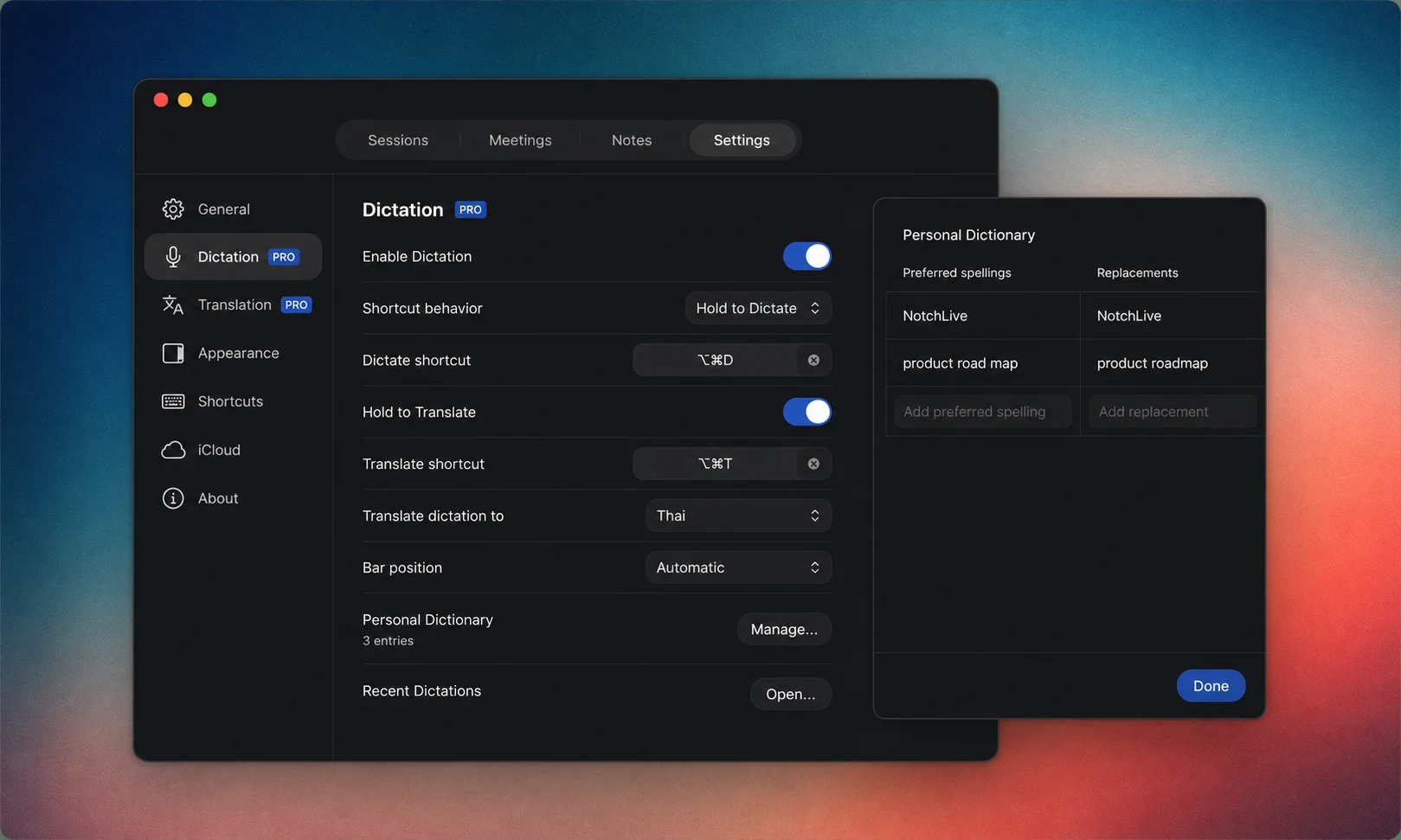 NotchLive Dictation settings showing shortcuts, Thai translation target, automatic bar position, recent Dictations, and Personal Dictionary replacements