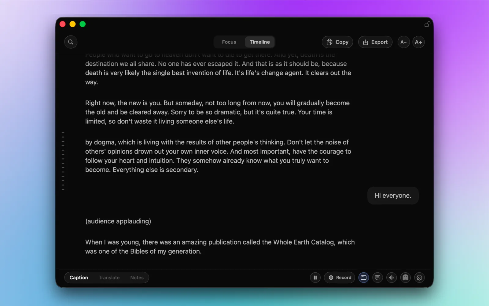 NotchLive Live Timeline showing finalized captions, a distinct microphone caption, and search, copy, export, text sizing, and pin controls.