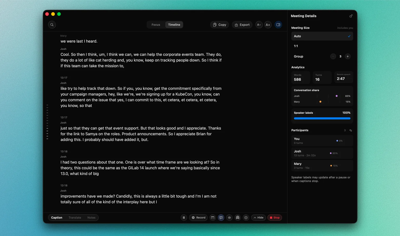 NotchLive Meeting Details showing word counts, turns, conversation share, and participants
