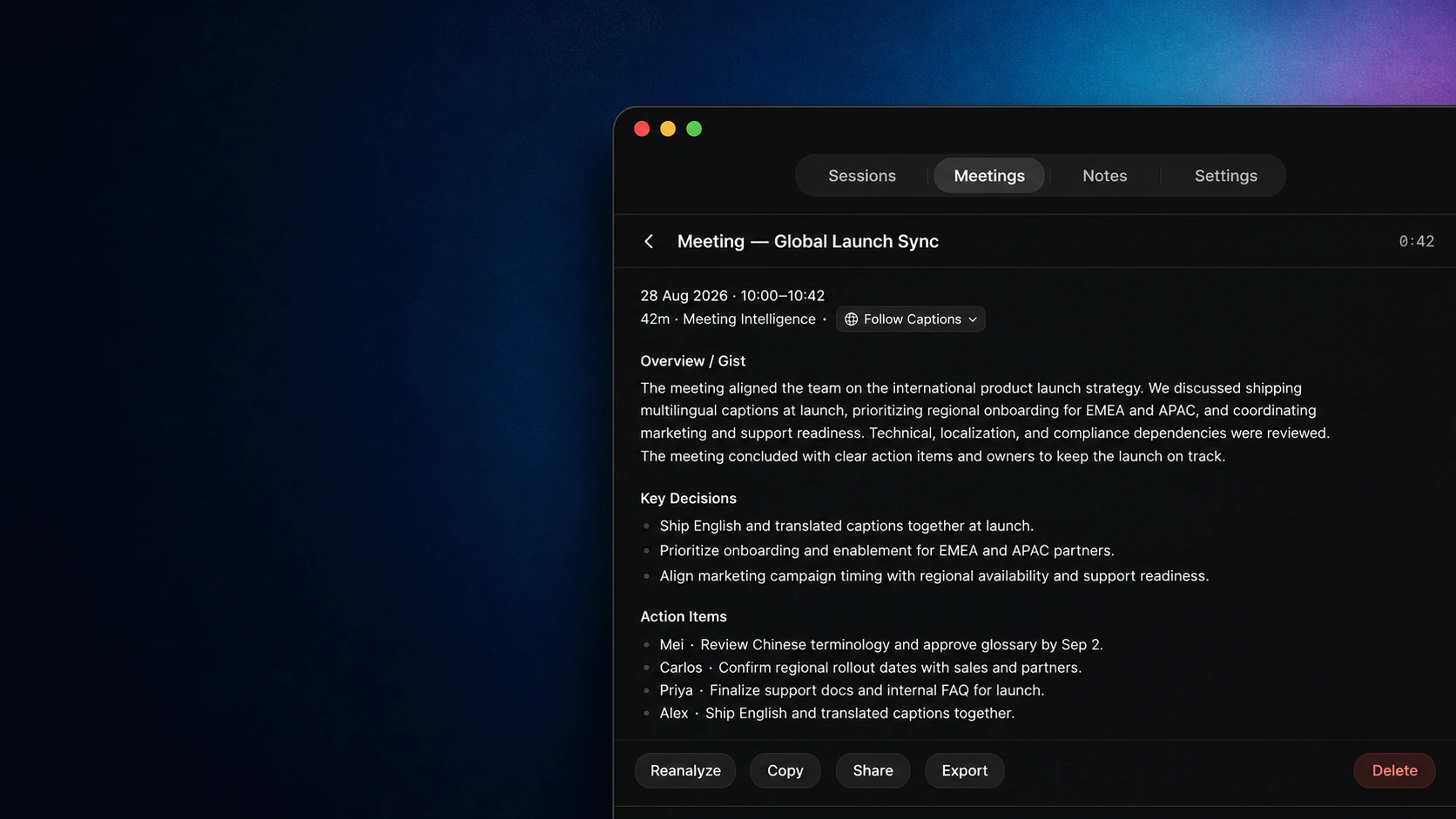 NotchLive Meeting Intelligence showing a multilingual global launch brief with decisions and assigned action items