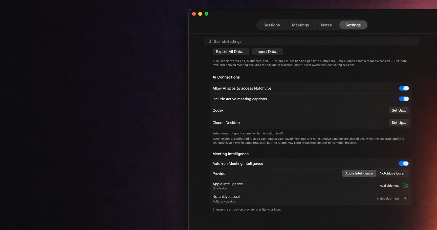 NotchLive settings showing Apple Intelligence available now and the fully on-device NotchLive Local provider in development