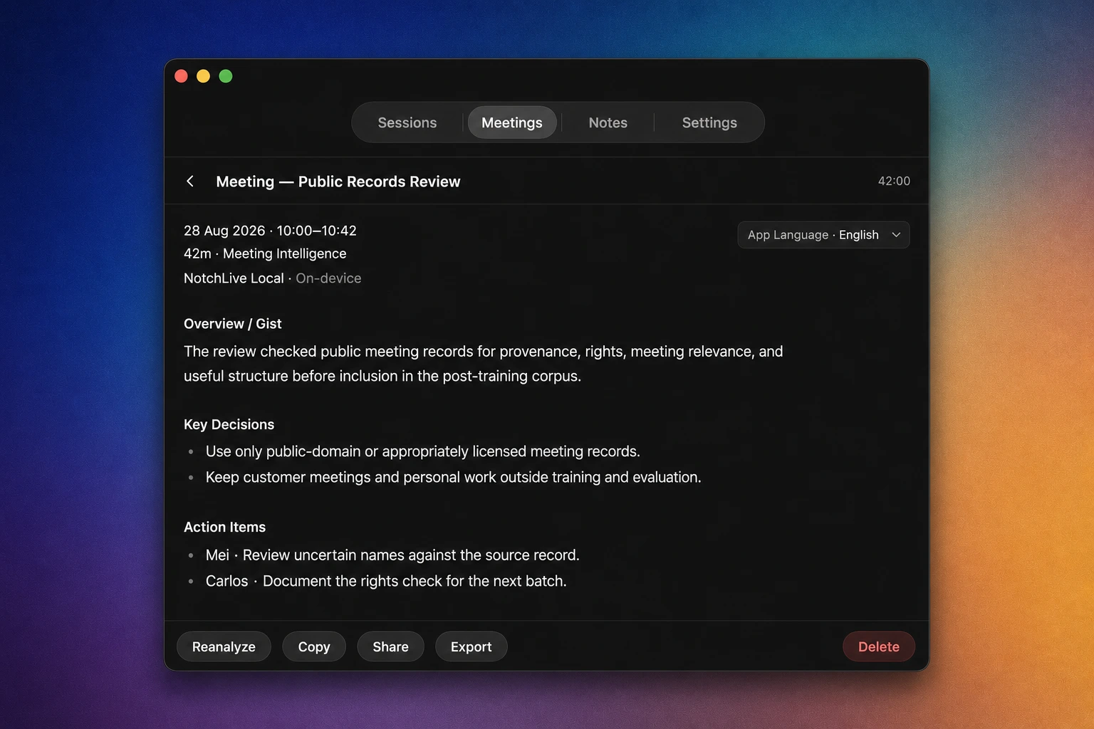 In-development NotchLive Local Meeting Intelligence view showing a public records review with decisions about provenance, licensing, and excluding customer data