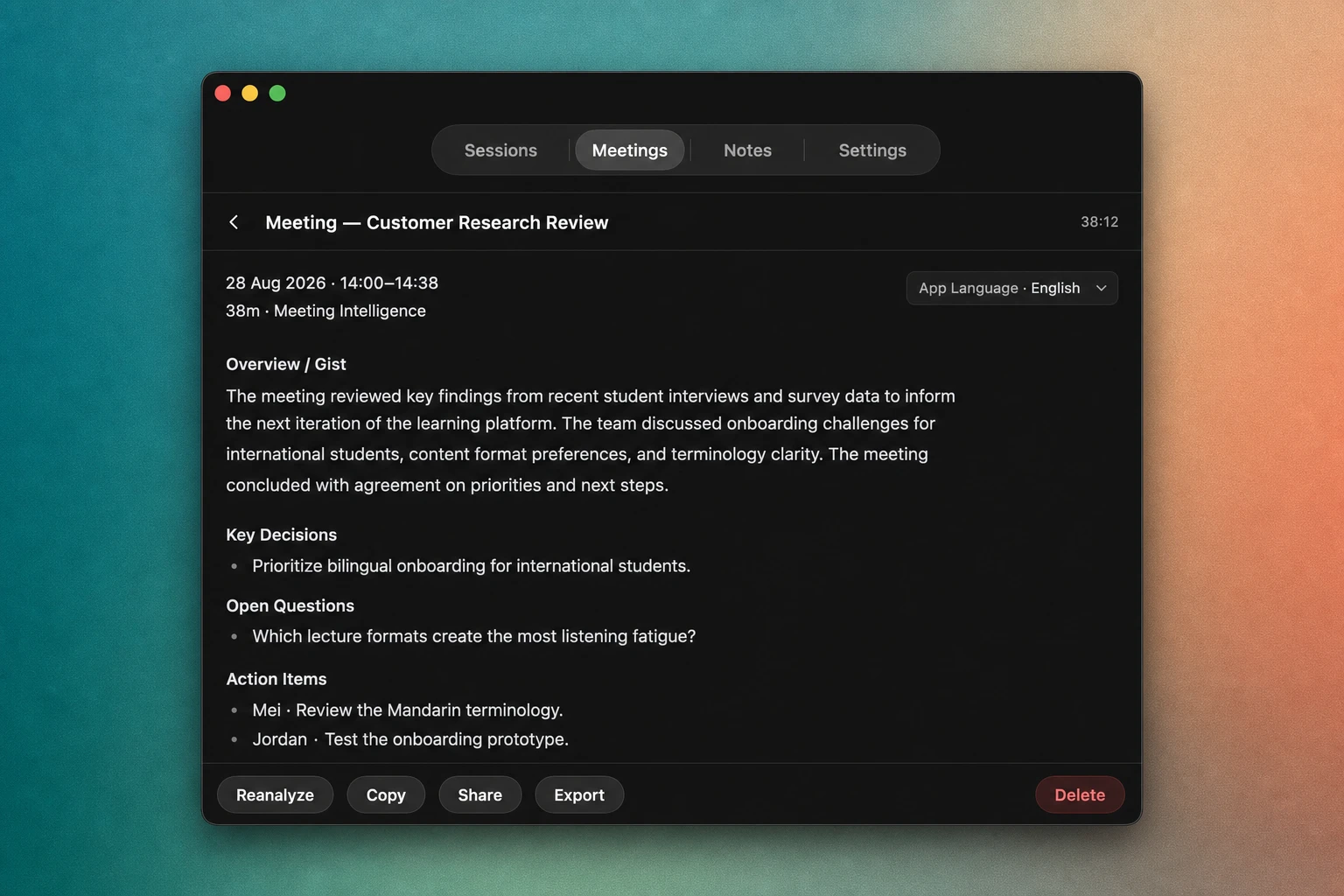 A saved NotchLive customer research brief with a key decision, open question, assigned action items, and reanalysis controls