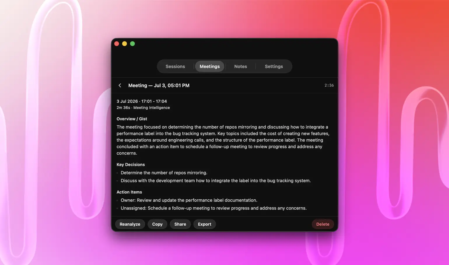 NotchLive Meeting Intelligence summary on Mac