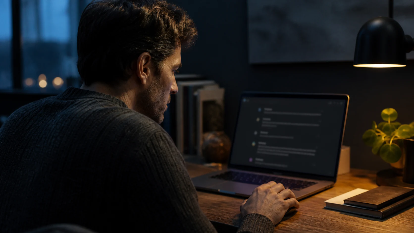 A professional privately reviewing a meeting transcript on a Mac