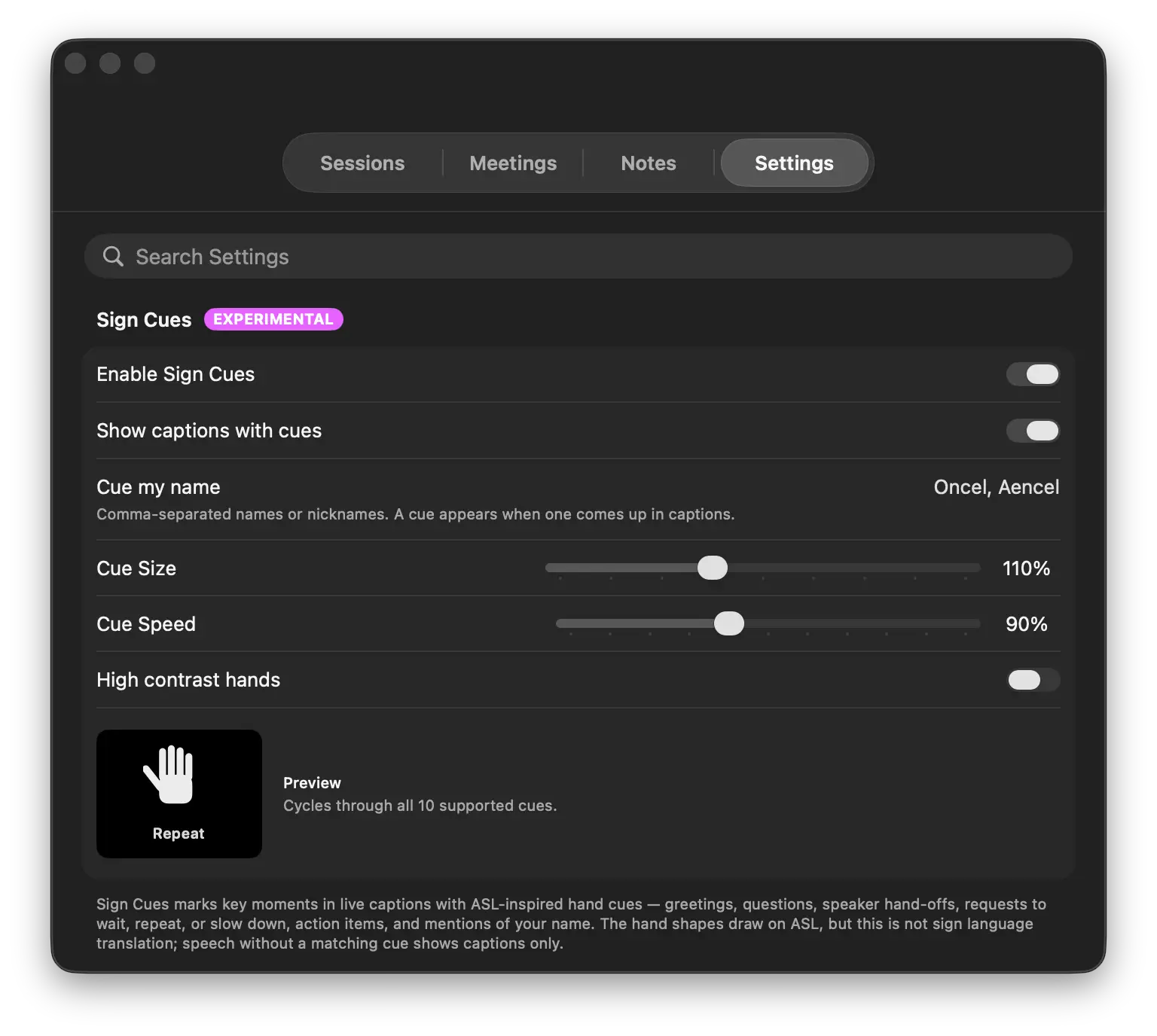 NotchLive Settings showing Sign Cues controls for cue size, cue speed, high contrast hands, name cues, and preview