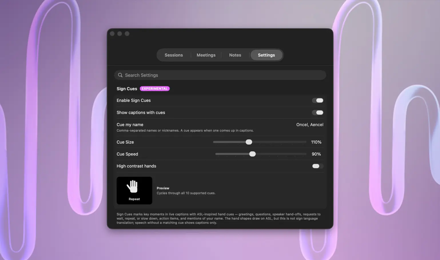 NotchLive Sign Cues settings shown in a stylized product image