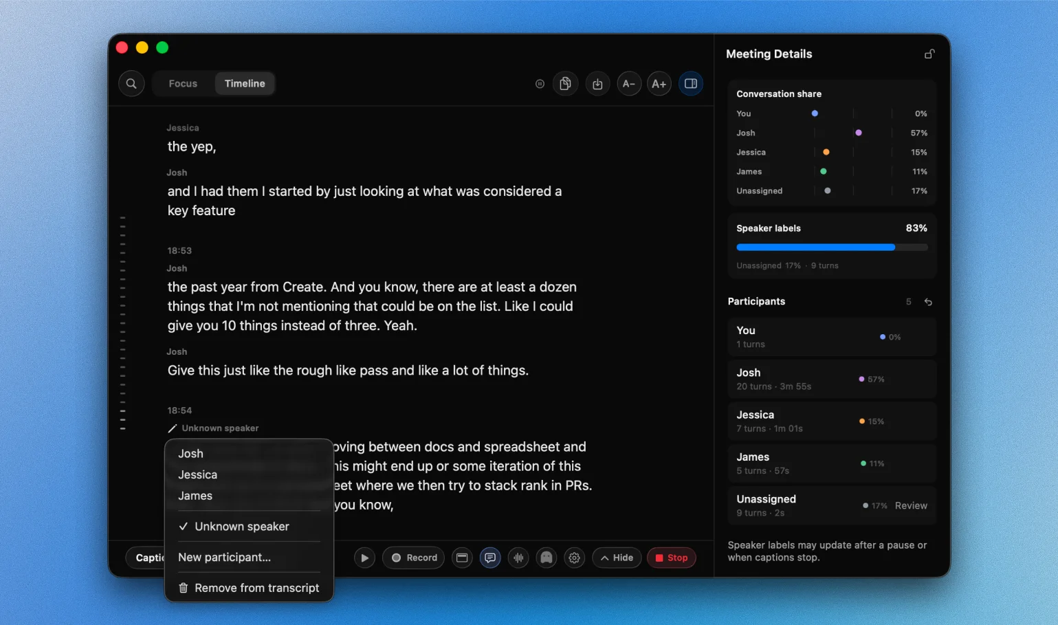 NotchLive Timeline with named participants, speaker-label coverage, and transcript reassignment controls