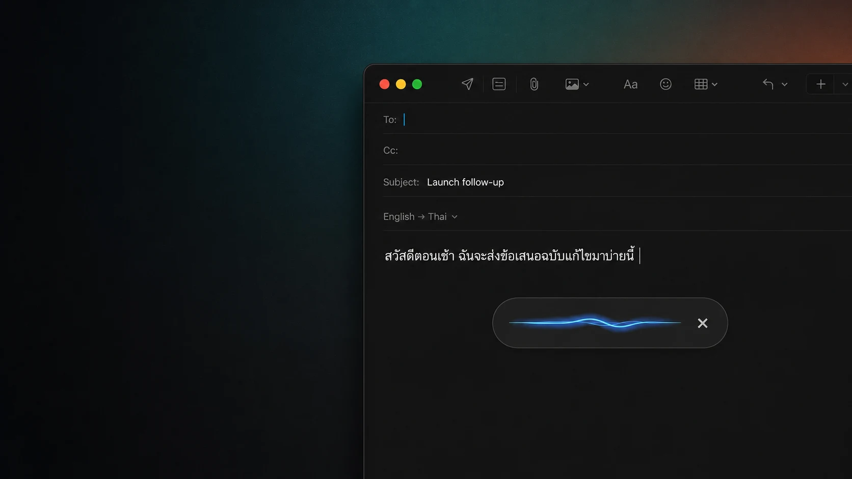 NotchLive Translated Dictation inserting Thai text into a Mac message after English speech