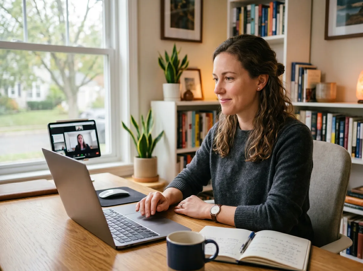 Professional following a remote onboarding session on a Mac from a home office